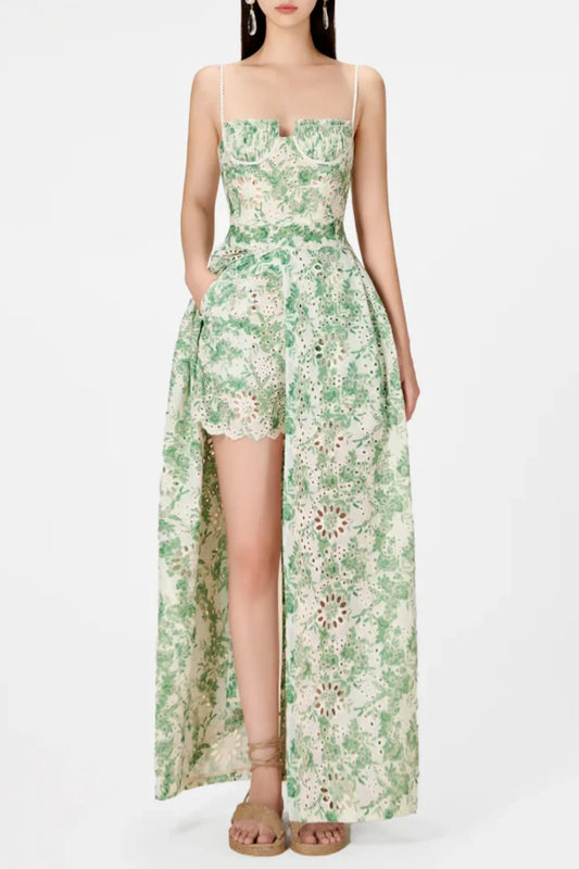 dolores Floral Embroidered Shorts & Maxi Dress Set - Green