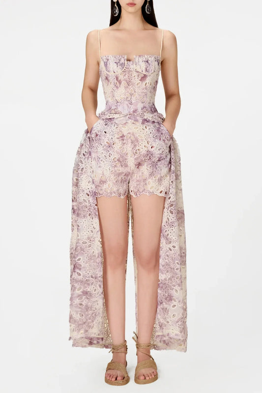 dolores Floral Embroidered Shorts & Maxi Dress Set - Purple