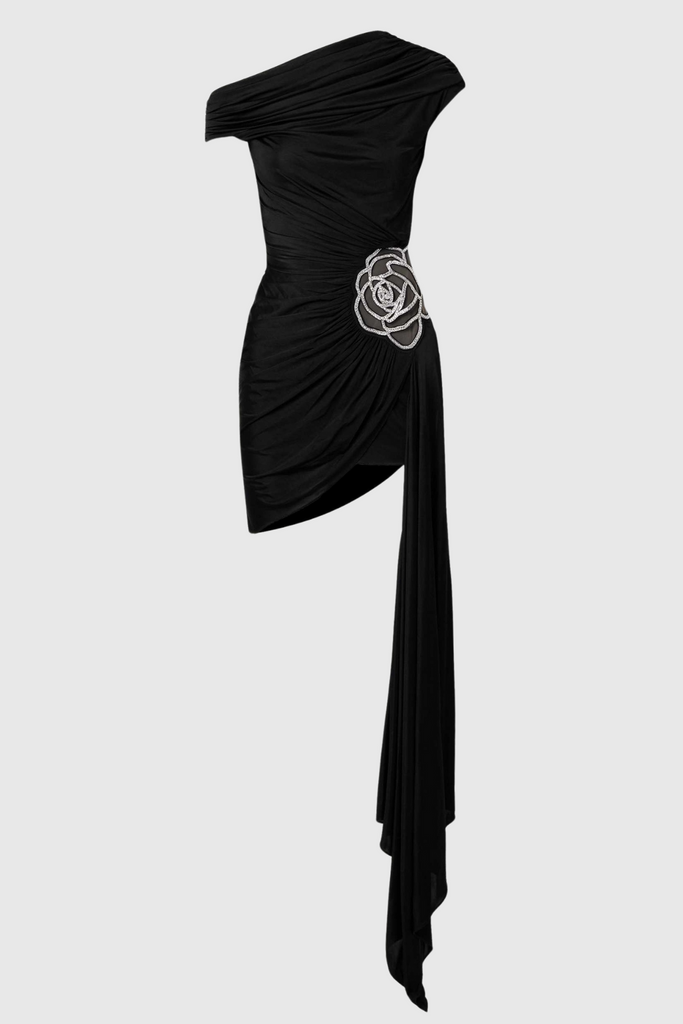 Shop  black dress - Perfect for special occasions | Janett One Shoulder Floral Embellished Mini Dress - Black
