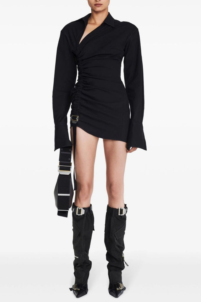 Adamar Asymmetric Buckle Ruched Mini Shirt Dress - Stylish beautiful dress for special occasions | Buy Online