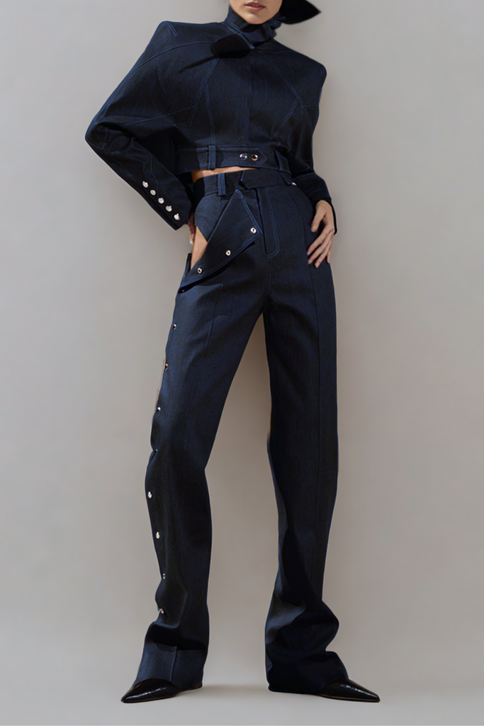 Adia Lace Up Buckle Denim Pants Set In Blue - Stylish blue dress for special occasions | Buy Online