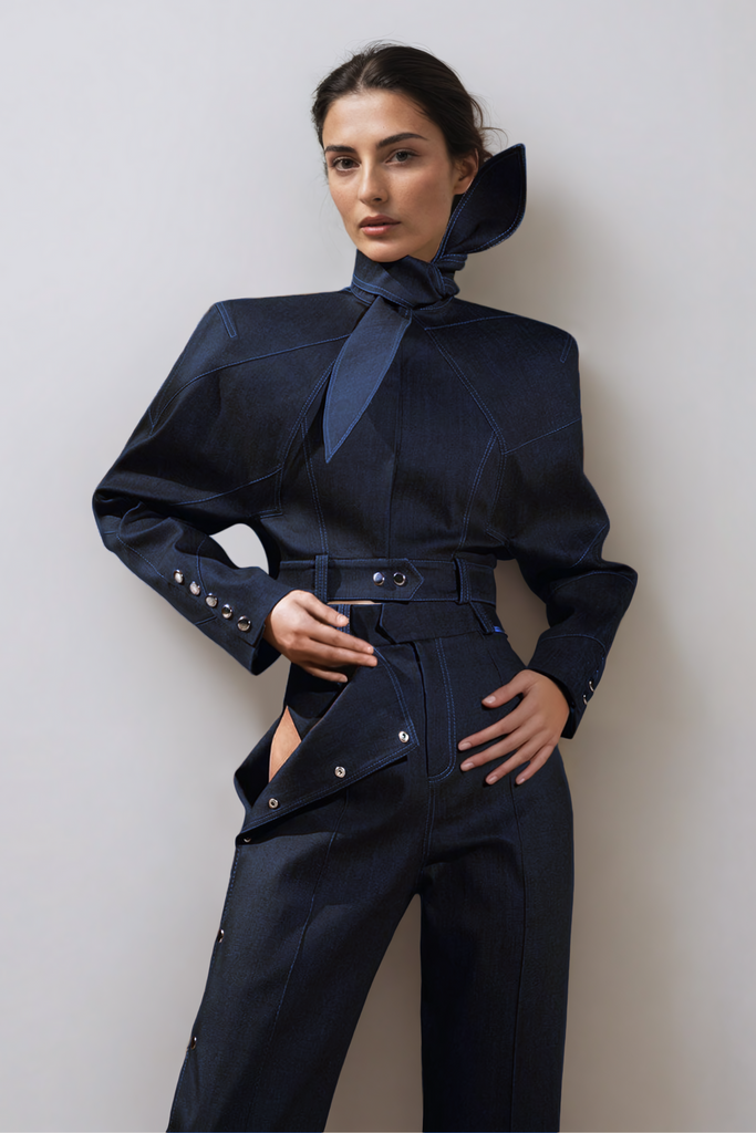 Adia Lace Up Buckle Denim Pants Set In Blue - Stylish blue dress for special occasions | Buy Online