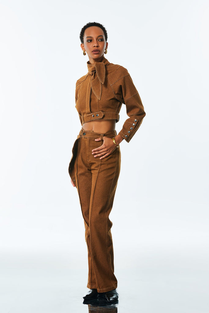 Stylish beautiful dress | Adia Lace Up Buckle Denim Pants Set - Ideal for special occasions