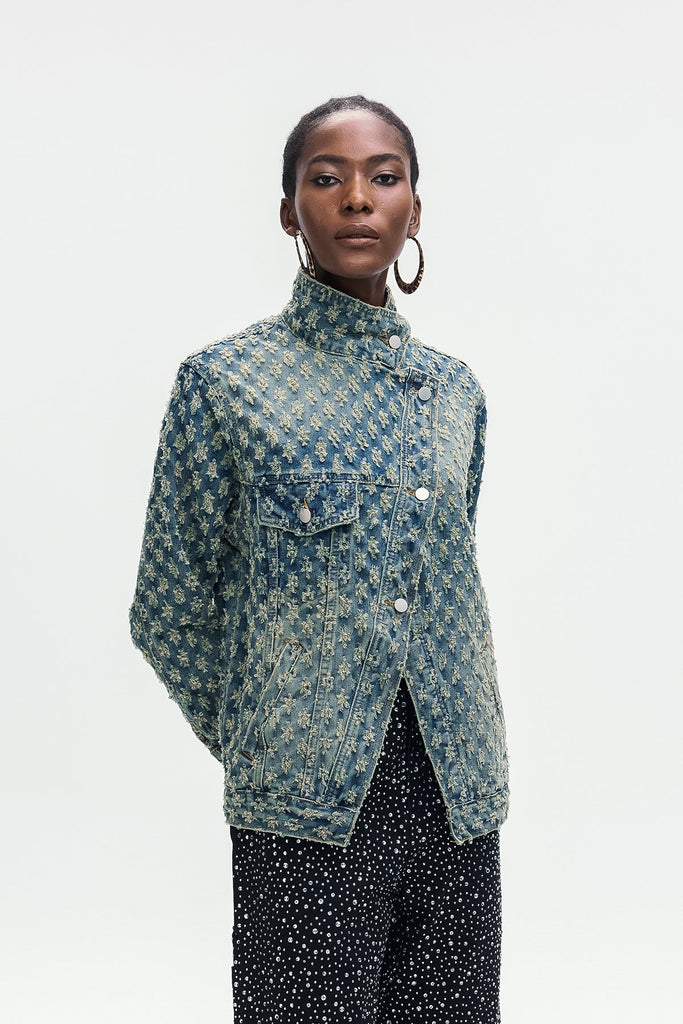 Stylish beautiful dress | Aegle Deconstruct Asymmetric Torn Denim Jacket - Ideal for special occasions