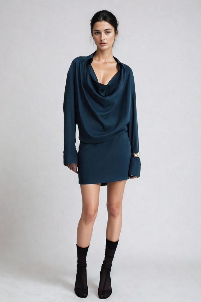Aguirre Cowl Neck Satin Shirt Mini Dress - Stylish beautiful dress for special occasions | Buy Online