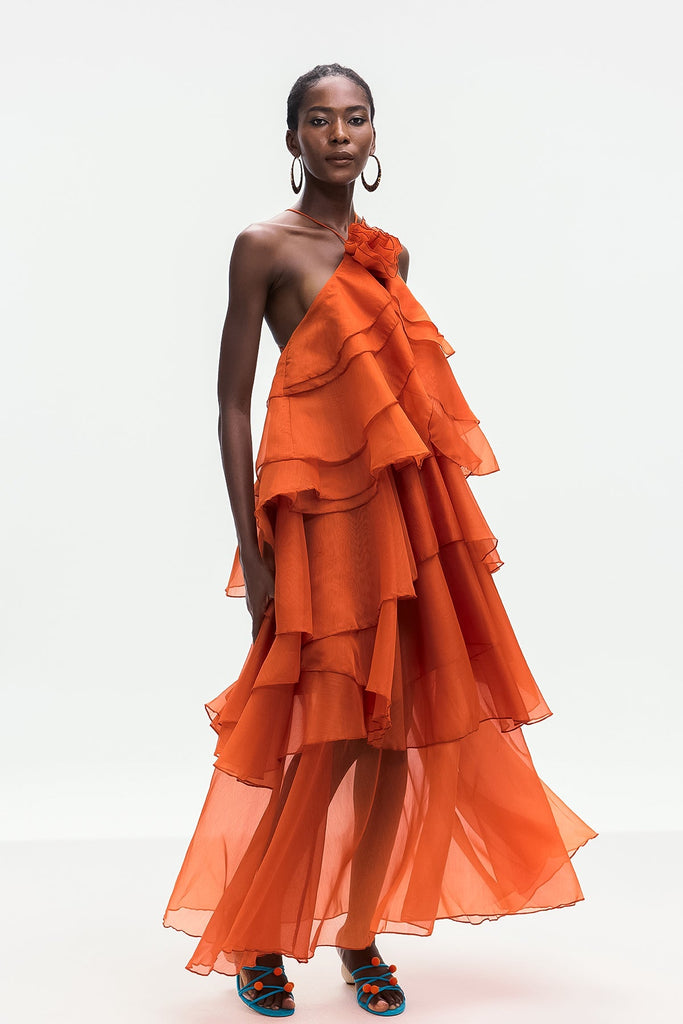 Stylish orange dress | Ailish Backless Flower Ruch Maxi Dress In Orange - Ideal for special occasions