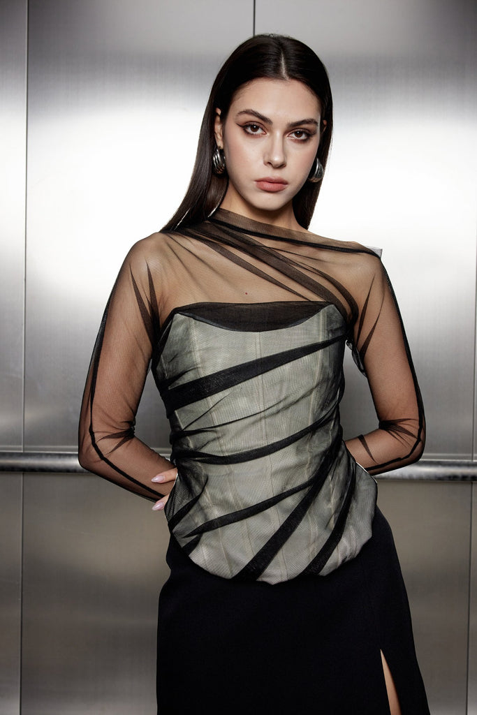 Aimon Corset Mesh One Shouder Ruch Top - Stylish beautiful dress for special occasions | Buy Online