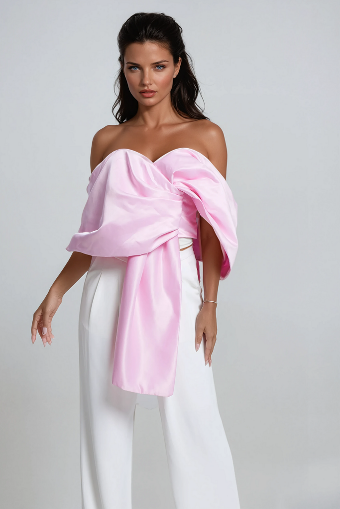 Ainslie Bow Cross Off Shoulder Satin Top - Stylish beautiful dress for special occasions | Buy Online