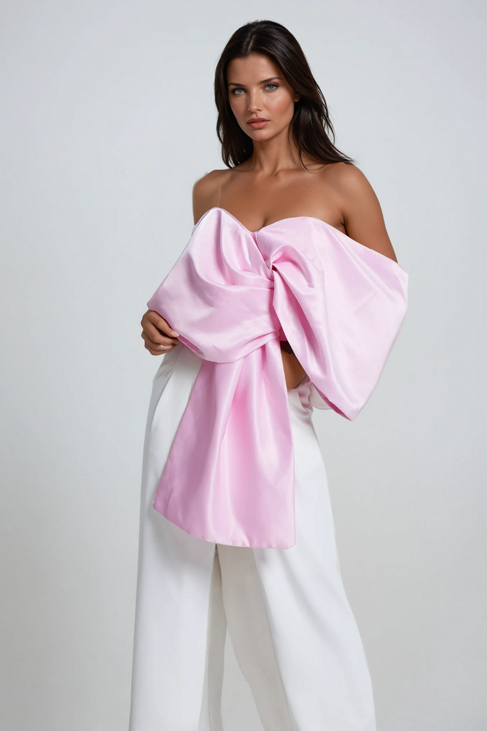 Ainslie Bow Cross Off Shoulder Satin Top - Stylish beautiful dress for special occasions | Buy Online