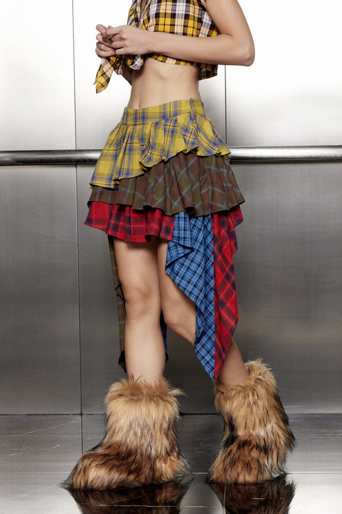 Akifumi Grid Patchwork Ruffle Asymmetric Skirt - Stylish beautiful dress for special occasions | Buy Online