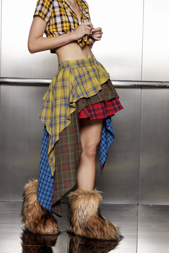 Akifumi Grid Patchwork Ruffle Asymmetric Skirt - Stylish beautiful dress for special occasions | Buy Online