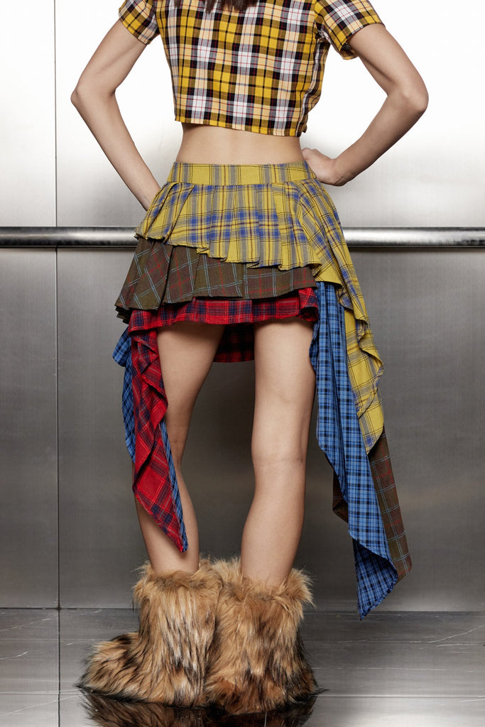 Stylish beautiful dress | Akifumi Grid Patchwork Ruffle Asymmetric Skirt - Ideal for special occasions