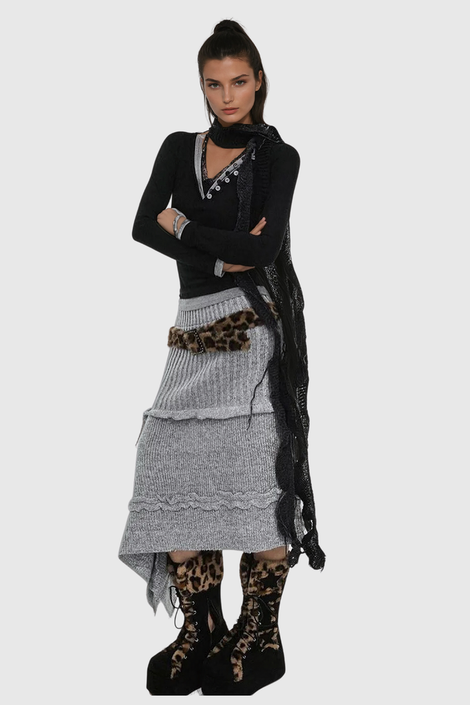 Akimitsu Asymmetric Ruffle Flower Knit Skirt - Stylish beautiful dress for special occasions | Buy Online