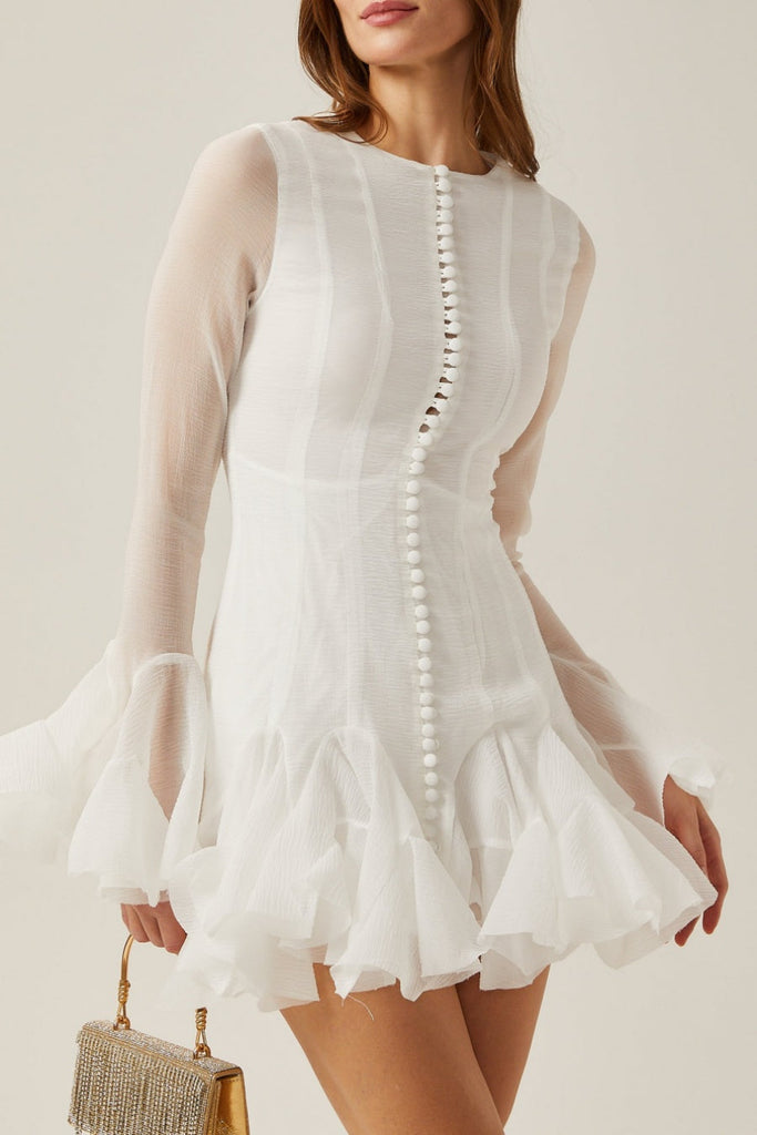 Alberta Semi-sheer Ruffle Mini Dress - White - Stylish white dress for special occasions | Buy Online