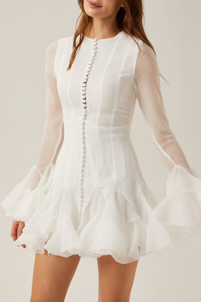Shop  white dress - Perfect for special occasions | Alberta Semi-sheer Ruffle Mini Dress - White