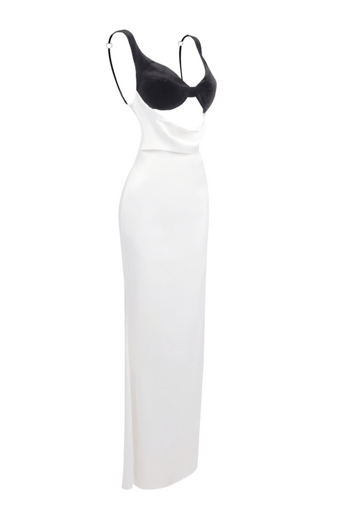 Stylish red dress | ALFREDO SATIN CUTOUT VELVET MAXI DRESS - WHITE - Ideal for special occasions