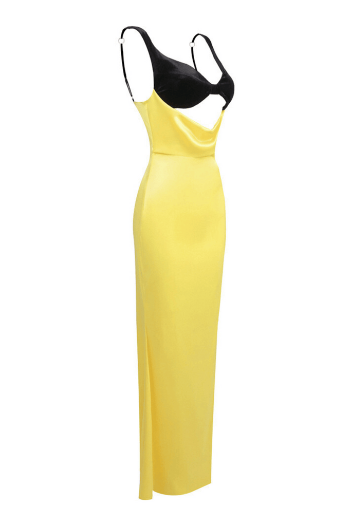 Stylish red dress | ALFREDO SATIN CUTOUT VELVET MAXI DRESS - YELLOW - Ideal for special occasions