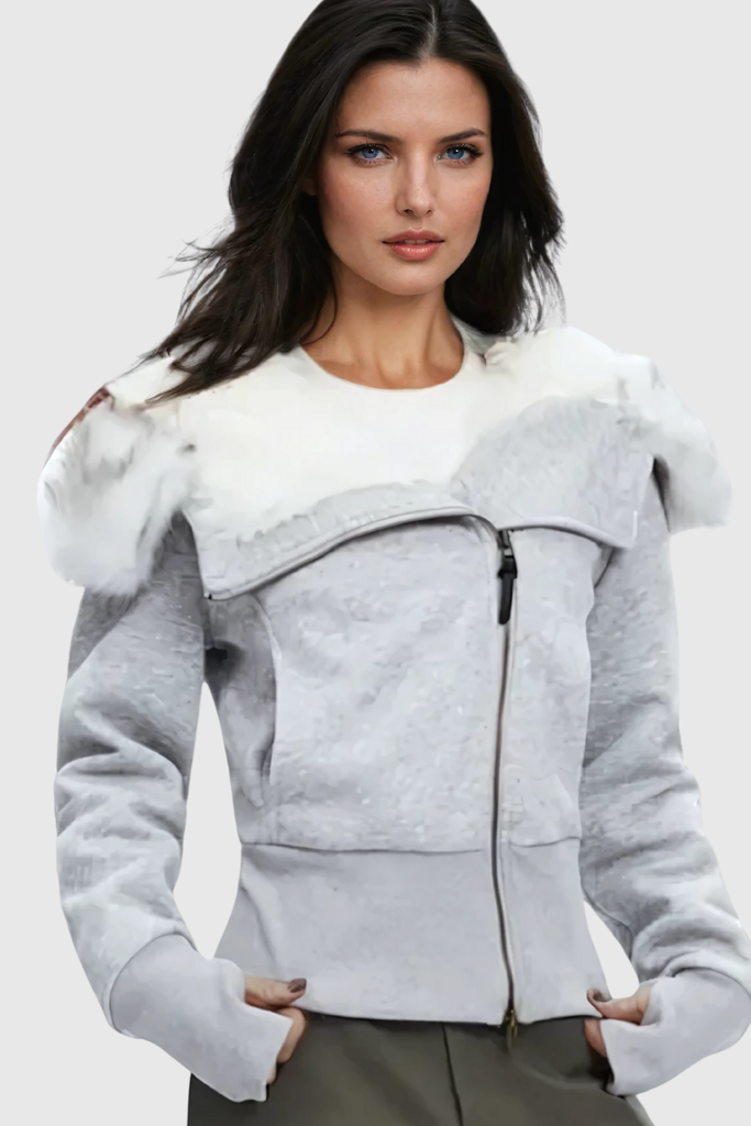 Shop  beautiful dress - Perfect for special occasions | Alisha Faux Fur Zipper Asymmetric Jacket In Grey