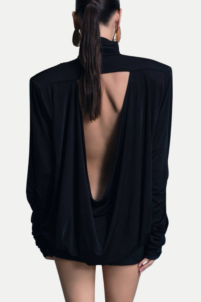 Alestair Backless Ruched Mini Dress - Black - Stylish black dress for special occasions | Buy Online