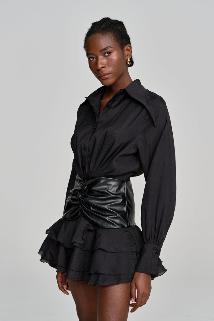 Alohilani Ruch Ruffle Leather Buckle Mesh Mini Dress - Stylish beautiful dress for special occasions | Buy Online