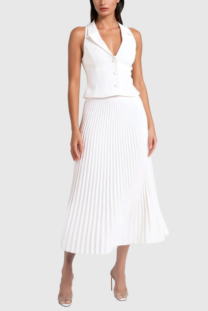 Shop  white dress - Perfect for special occasions | Alora Sleeveless Lapel Ruch Skirt Set In White