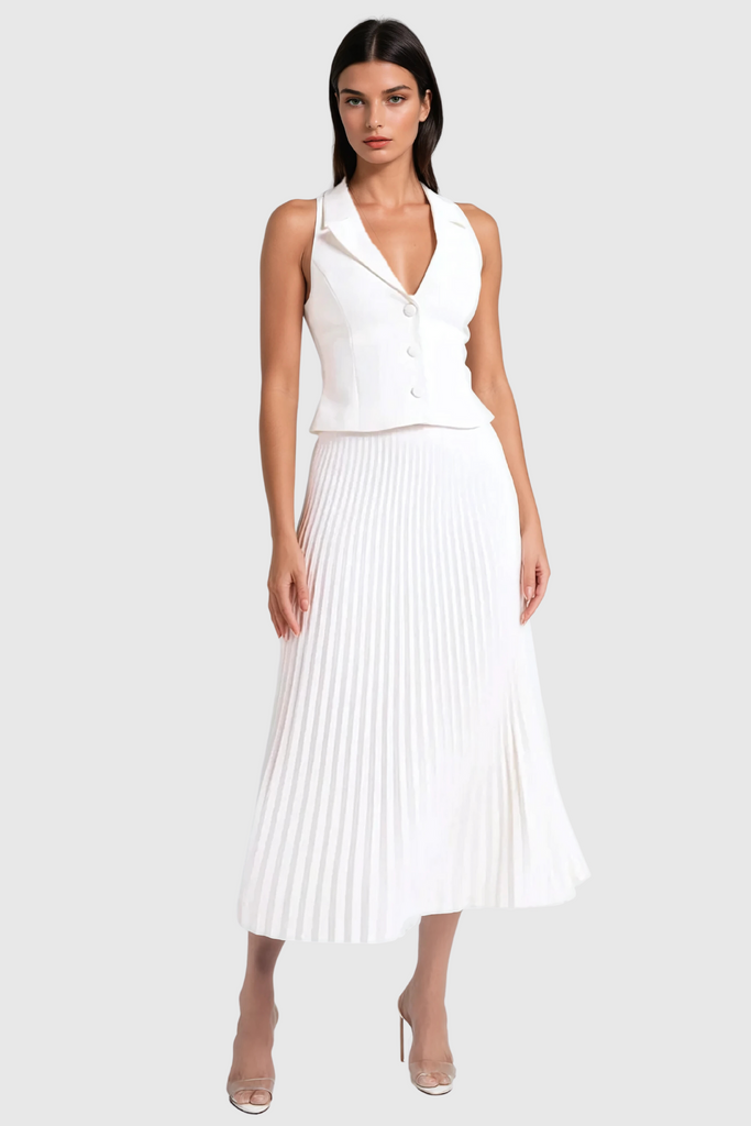 Alora Sleeveless Lapel Ruch Skirt Set In White - Stylish white dress for special occasions | Buy Online