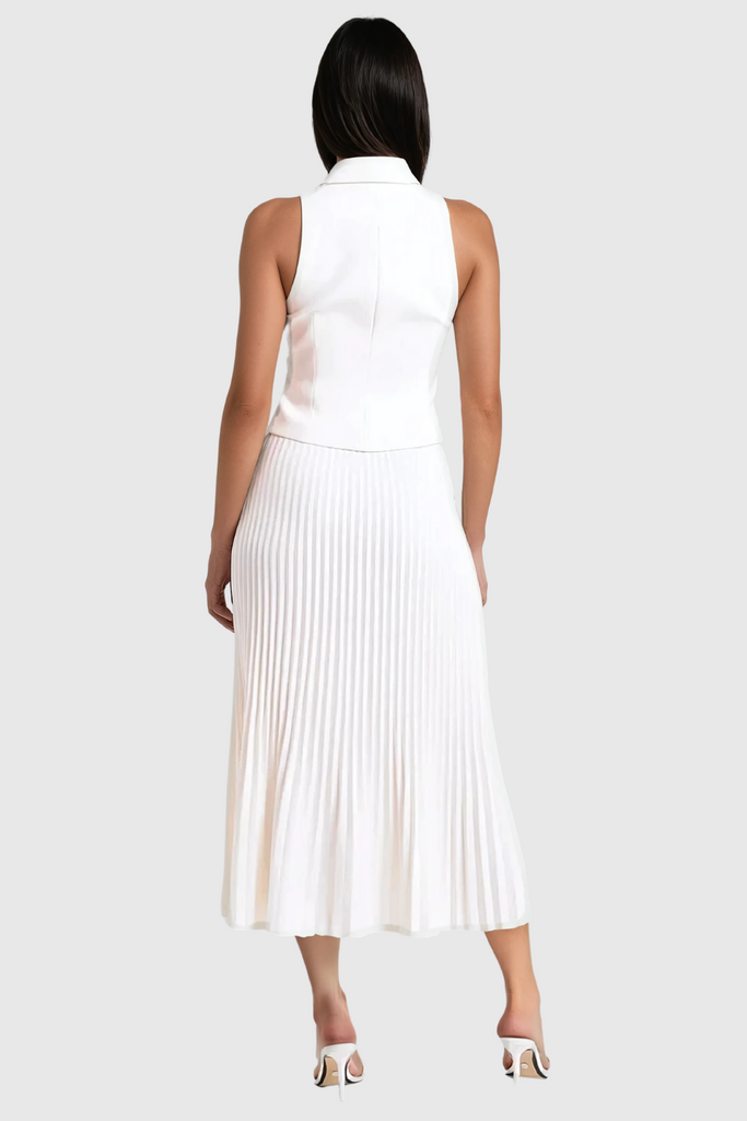 Stylish white dress | Alora Sleeveless Lapel Ruch Skirt Set In White - Ideal for special occasions