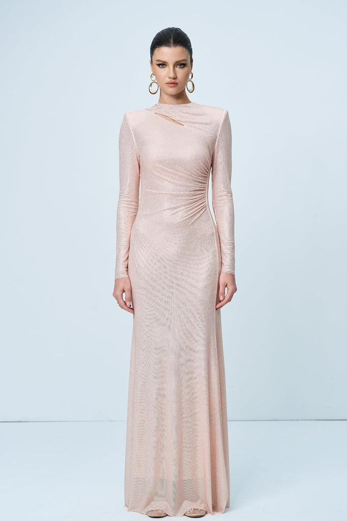 Stylish beautiful dress | Alter Rhinestone Cutout Ruch Maxi Dress In Apricot - Ideal for special occasions