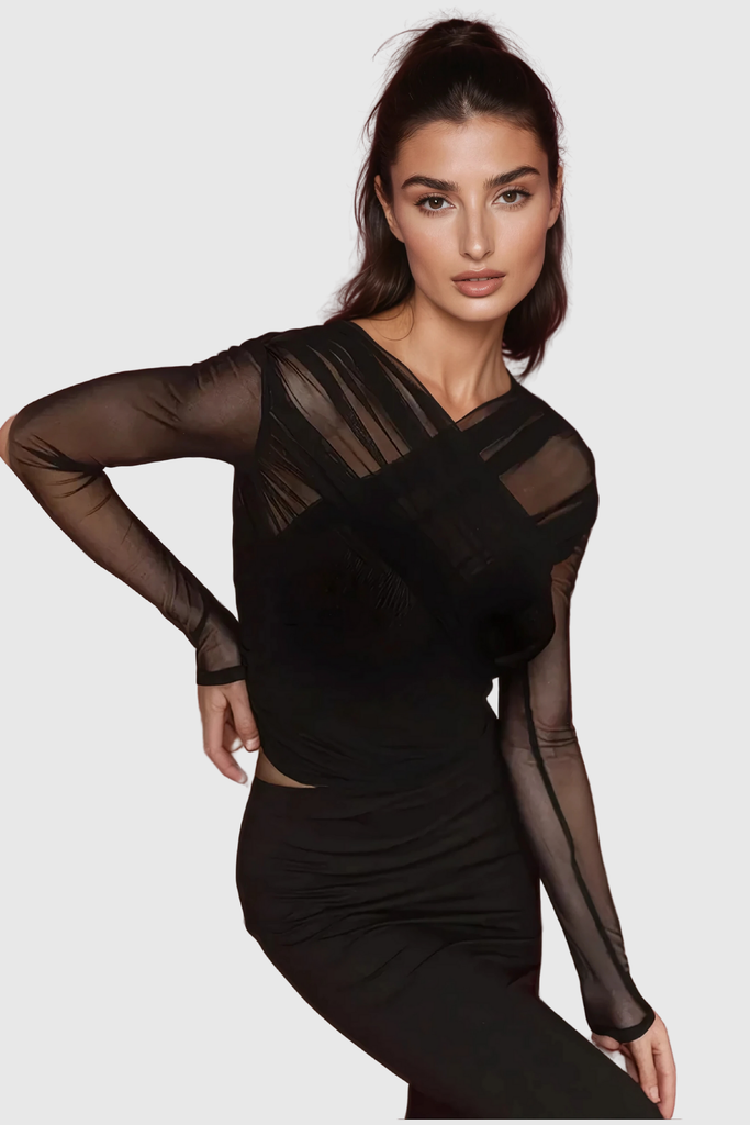 Alusia Cross Mesh Bodycon Top In Black - Stylish black dress for special occasions | Buy Online