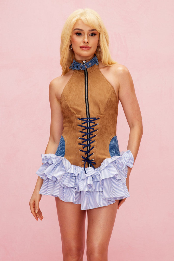 Stylish brown dress | Alyce Deconstruct Lace Up Ruffle Mini Dress In Brown - Ideal for special occasions