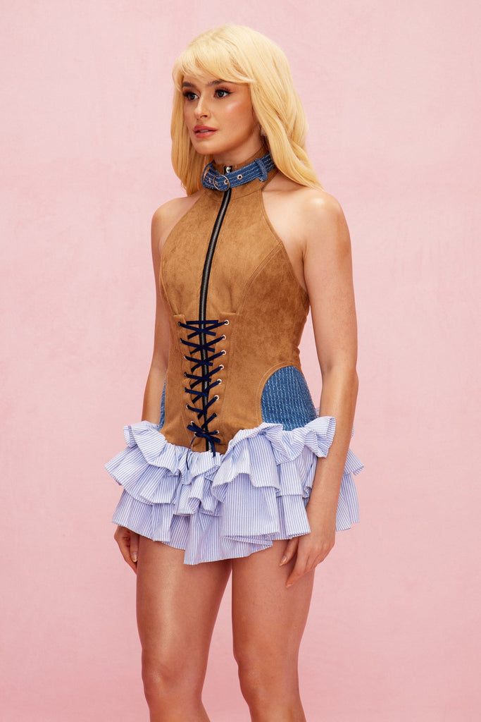 Stylish brown dress | Alyce Deconstruct Lace Up Ruffle Mini Dress In Brown - Ideal for special occasions