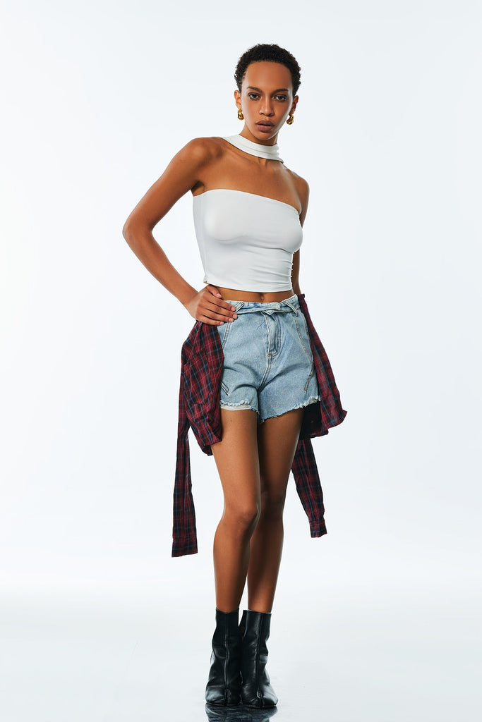 Amand Deconstruct Grid Short Jeans In Red - Stylish red dress for special occasions | Buy Online