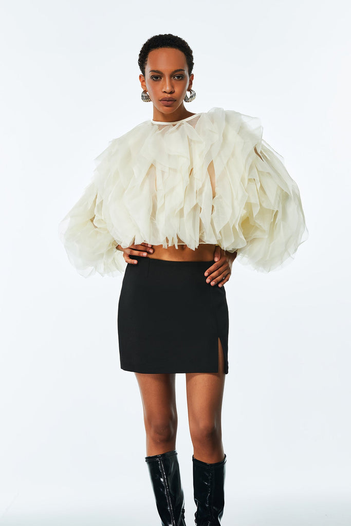 Shop  beautiful dress - Perfect for special occasions | Amarine Mesh Ruffle Ruch Shirt In Apricot