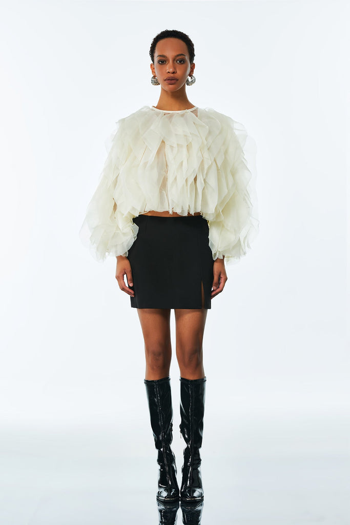 Stylish beautiful dress | Amarine Mesh Ruffle Ruch Shirt In Apricot - Ideal for special occasions