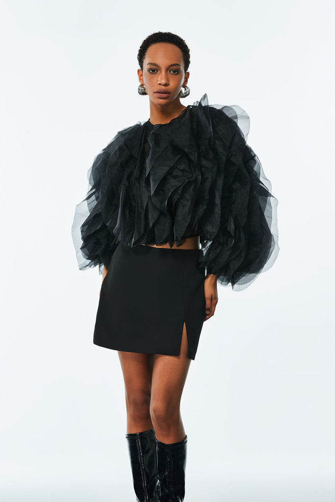Shop  black dress - Perfect for special occasions | Amarine Mesh Ruffle Ruch Shirt In Black