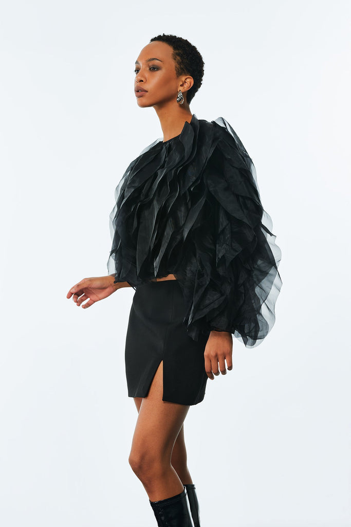 Stylish black dress | Amarine Mesh Ruffle Ruch Shirt In Black - Ideal for special occasions