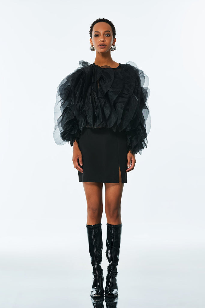 Shop  black dress - Perfect for special occasions | Amarine Mesh Ruffle Ruch Shirt In Black
