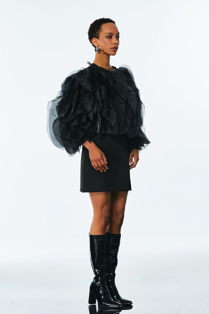 Shop  black dress - Perfect for special occasions | Amarine Mesh Ruffle Ruch Shirt In Black