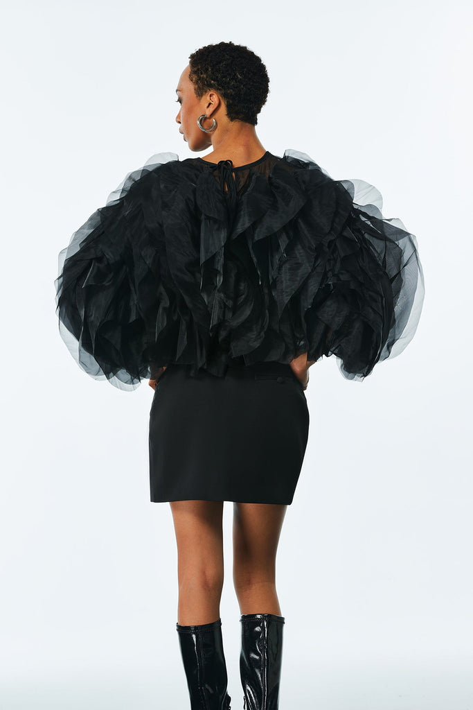 Stylish black dress | Amarine Mesh Ruffle Ruch Shirt In Black - Ideal for special occasions