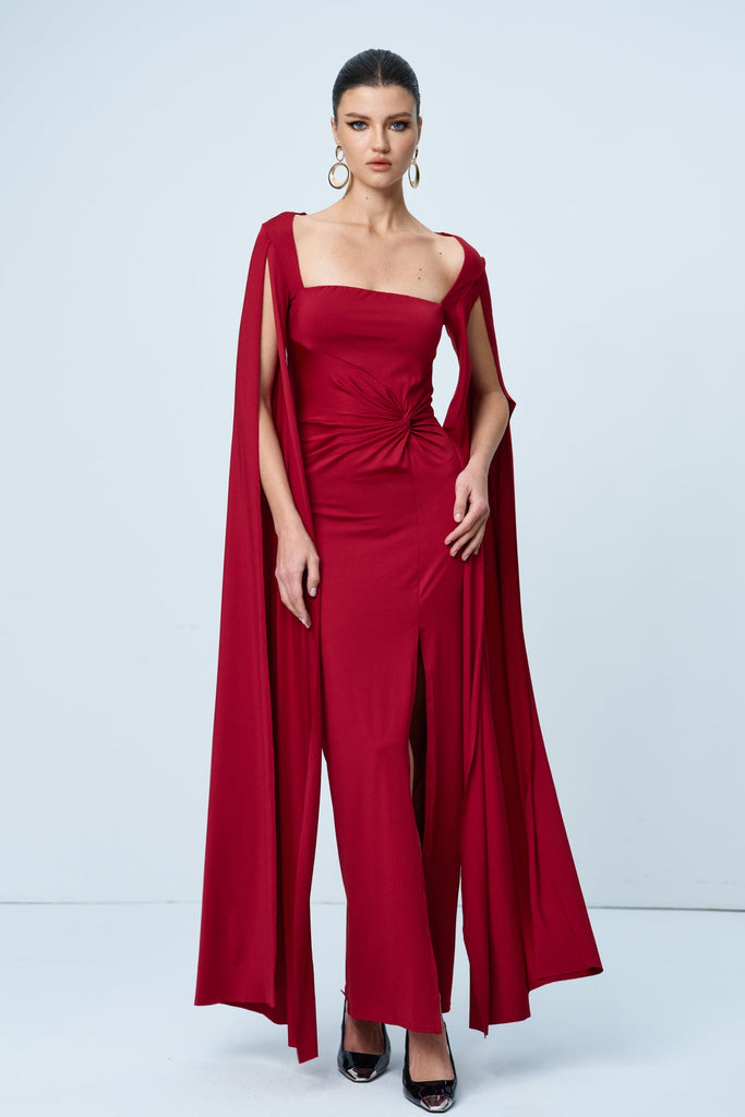 Amazu Shawl Split Ruch Maxi Dress In Red - Stylish red dress for special occasions | Buy Online