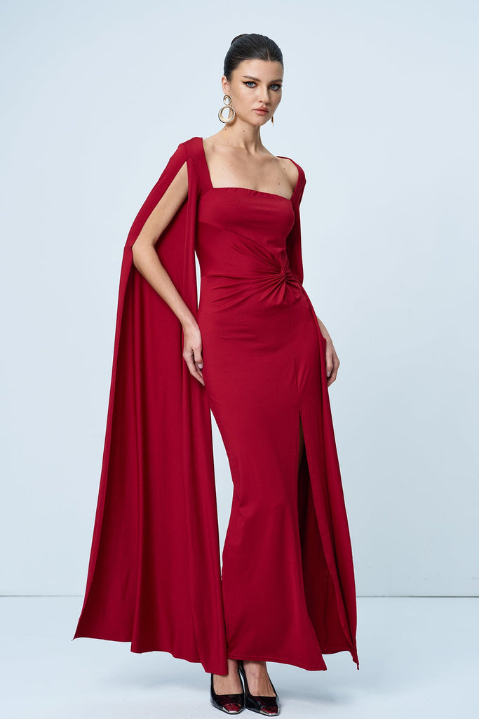 Amazu Shawl Split Ruch Maxi Dress In Red - Stylish red dress for special occasions | Buy Online