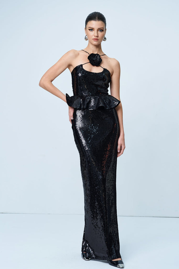 Ambar Sequin Flower Ruffle Maxi Dress - Stylish beautiful dress for special occasions | Buy Online