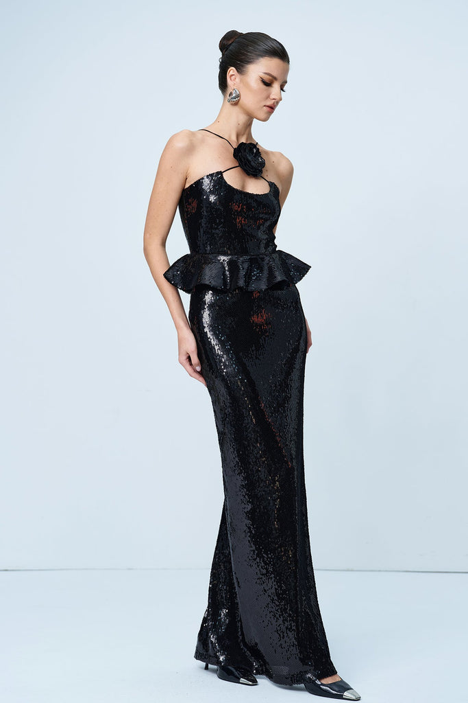 Ambar Sequin Flower Ruffle Maxi Dress - Stylish beautiful dress for special occasions | Buy Online