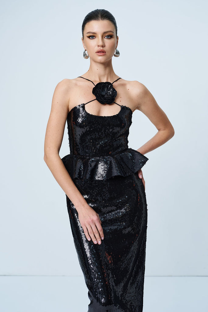 Ambar Sequin Flower Ruffle Maxi Dress - Stylish beautiful dress for special occasions | Buy Online