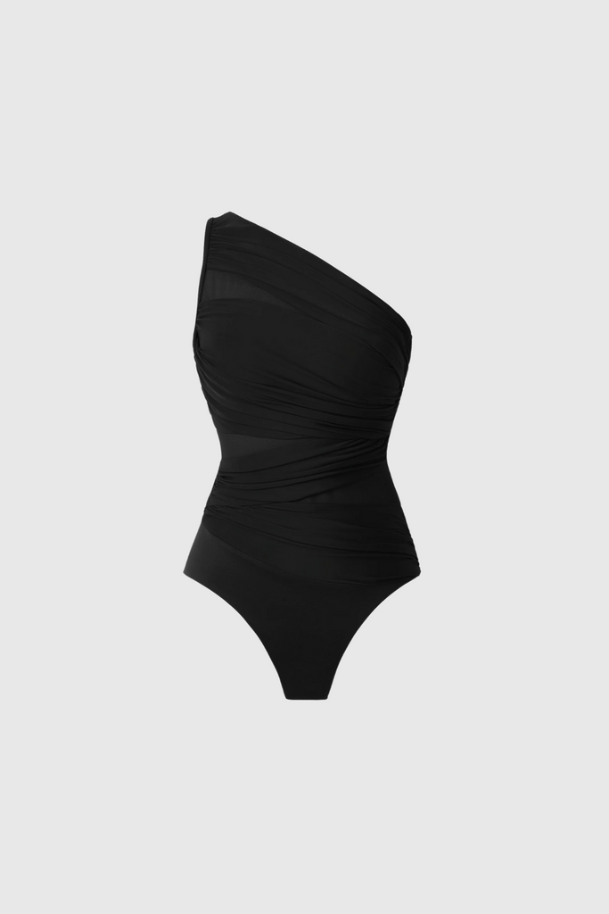 Ameline One Shouder Mesh Ruch Swimsuit In Black - Stylish black dress for special occasions | Buy Online