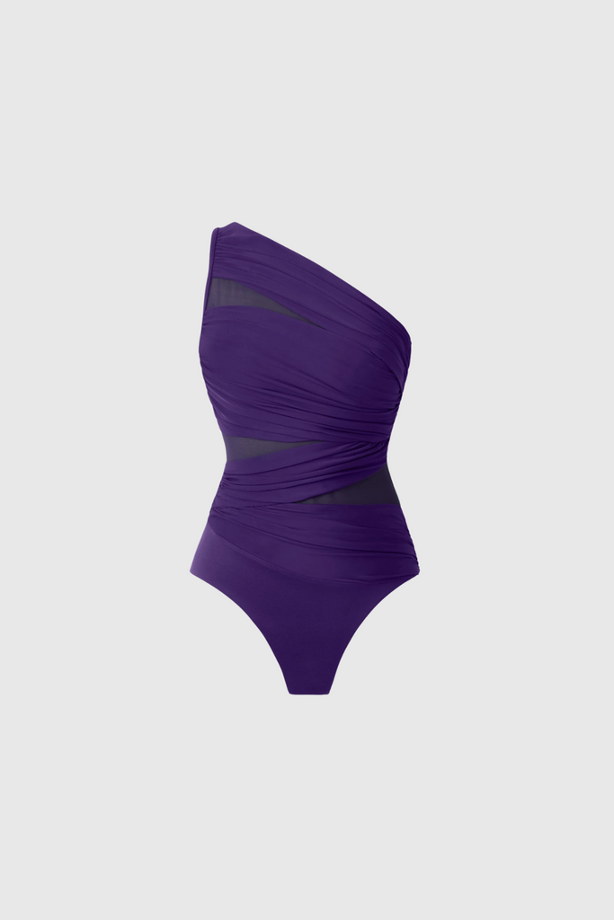 Stylish purple dress | Ameline One Shouder Mesh Ruch Swimsuit In Purple - Ideal for special occasions