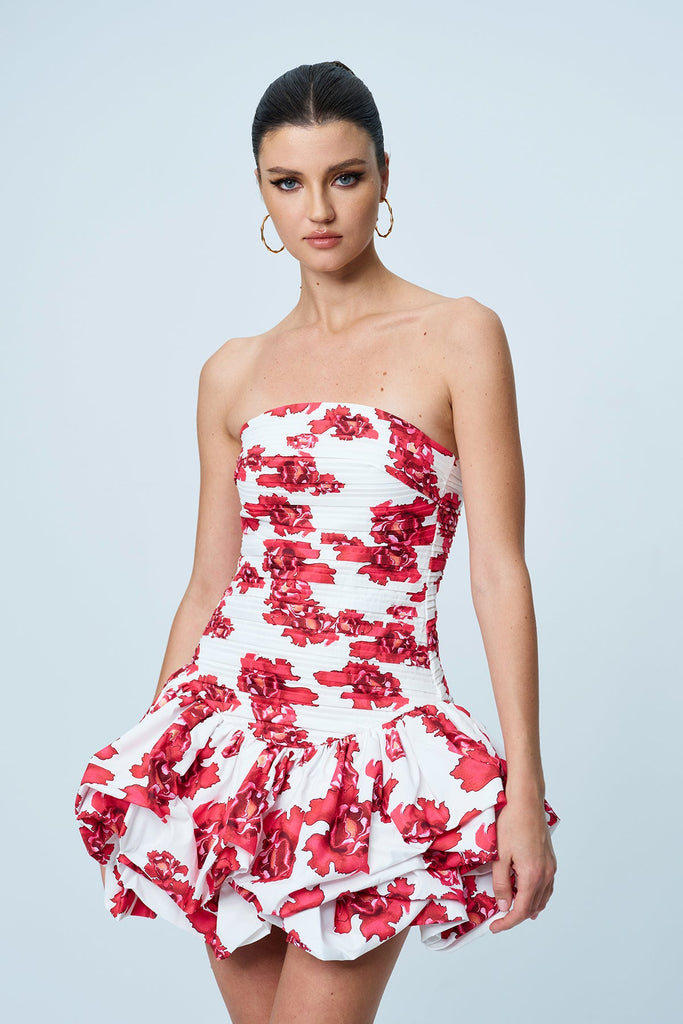 Stylish red dress | Americus Floral Ruch Strapless Mini Dress In Red - Ideal for special occasions