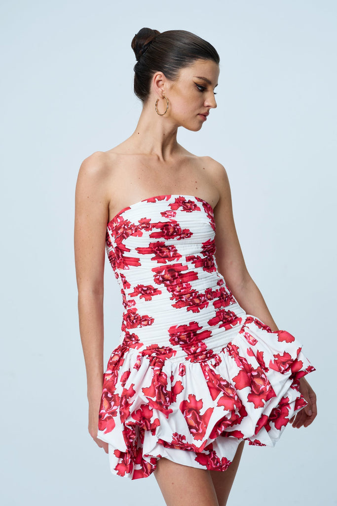 Shop  red dress - Perfect for special occasions | Americus Floral Ruch Strapless Mini Dress In Red