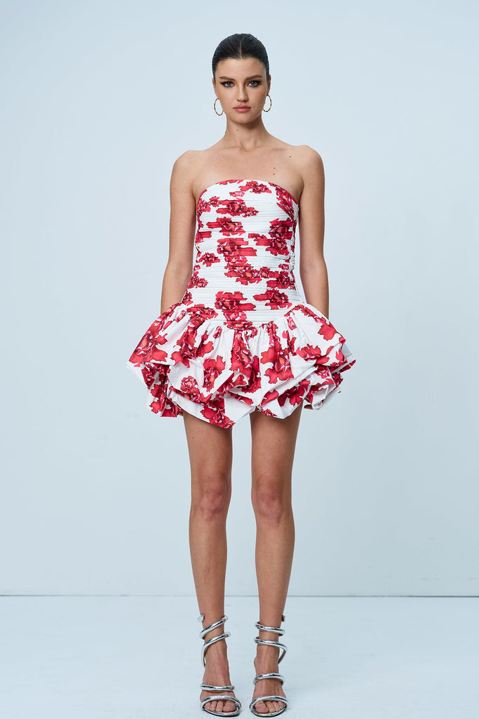 Stylish red dress | Americus Floral Ruch Strapless Mini Dress In Red - Ideal for special occasions