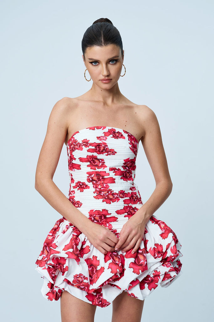 Americus Floral Ruch Strapless Mini Dress In Red - Stylish red dress for special occasions | Buy Online